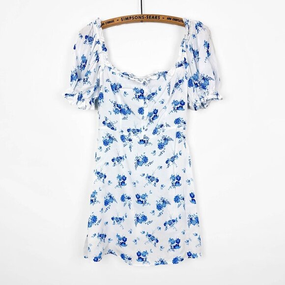 ZARA Womens Blue Floral Mini Sun Dress White Small Porcelain Short Sleeve - Picture 1 of 6